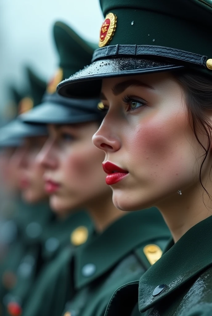 Up close, observe several cold white Russian women in uniforms with beautiful faces. Rainwater flows down their cheeks as they line up in an outdoor parade ground. This photo was taken while it was raining, with cinematic lighting, ultra clear and detailed facial features. Close up shots have photo quality and high resolution. Facial makeup, healthy lip color, no officer hat, no hat
