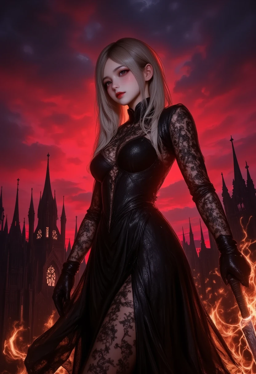 masterpiece, best quality, ultra-detailed, a vivid, high-contrast scene featuring a silver-haired girl in a dramatic black gothic dress, holding a massive sword that glows with intense red and orange flames. She stands in front of a dark gothic cityscape, with towering spires silhouetted against a vibrant red and purple sky. The scene is filled with dynamic lighting, with the fiery glow of the sword casting harsh, dramatic shadows across her face and the ground. The bold colors of the sky and the glowing weapon contrast sharply with the deep blacks of her dress, creating a striking visual effect. Her expression is fierce and determined, as if she’s ready to face a powerful enemy. The overall atmosphere is one of high tension and drama, with the intense colors and sharp contrasts giving the scene a sense of urgency and power.