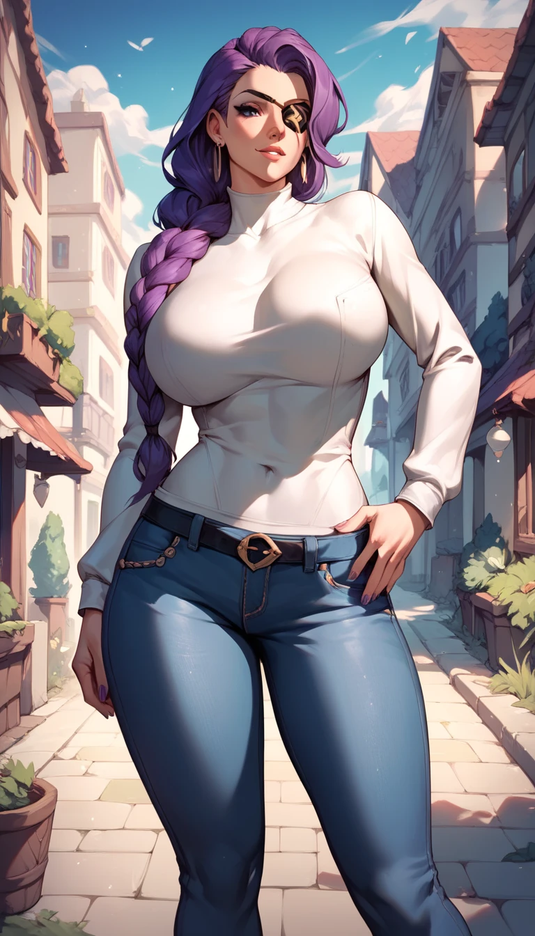 Lesley,huge breast,long purple hair,braid,eyepatch,longsleeves,long jeans,outdoor,night