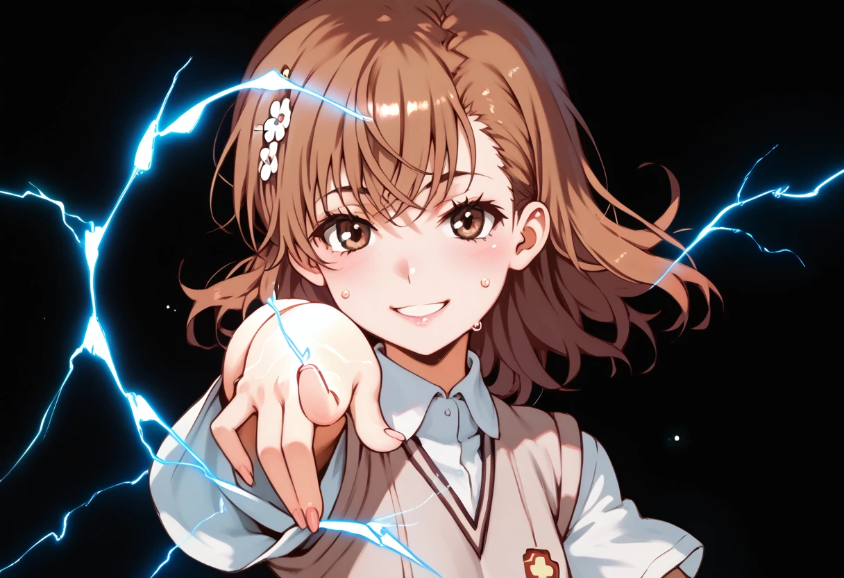 misaka mikoto,1girl,solo,tokiwadai school uniform,sweater vest,school uniform,hair ornament,short hair,hair flower, upper body,shirt,flower,score_9, score_8_up, score_7_up, ,perfect hands, perfect finger,perfect anatomy, masterpiece, best quality,realistic, hyperrealistic, 16k hdr,1 mature female,black background,sweat,pointing electricity, facing viewer, looking at the viewer, electricity, electrokinesis,(happy smile),(strong wind:1.3),(tilt head:1.2)