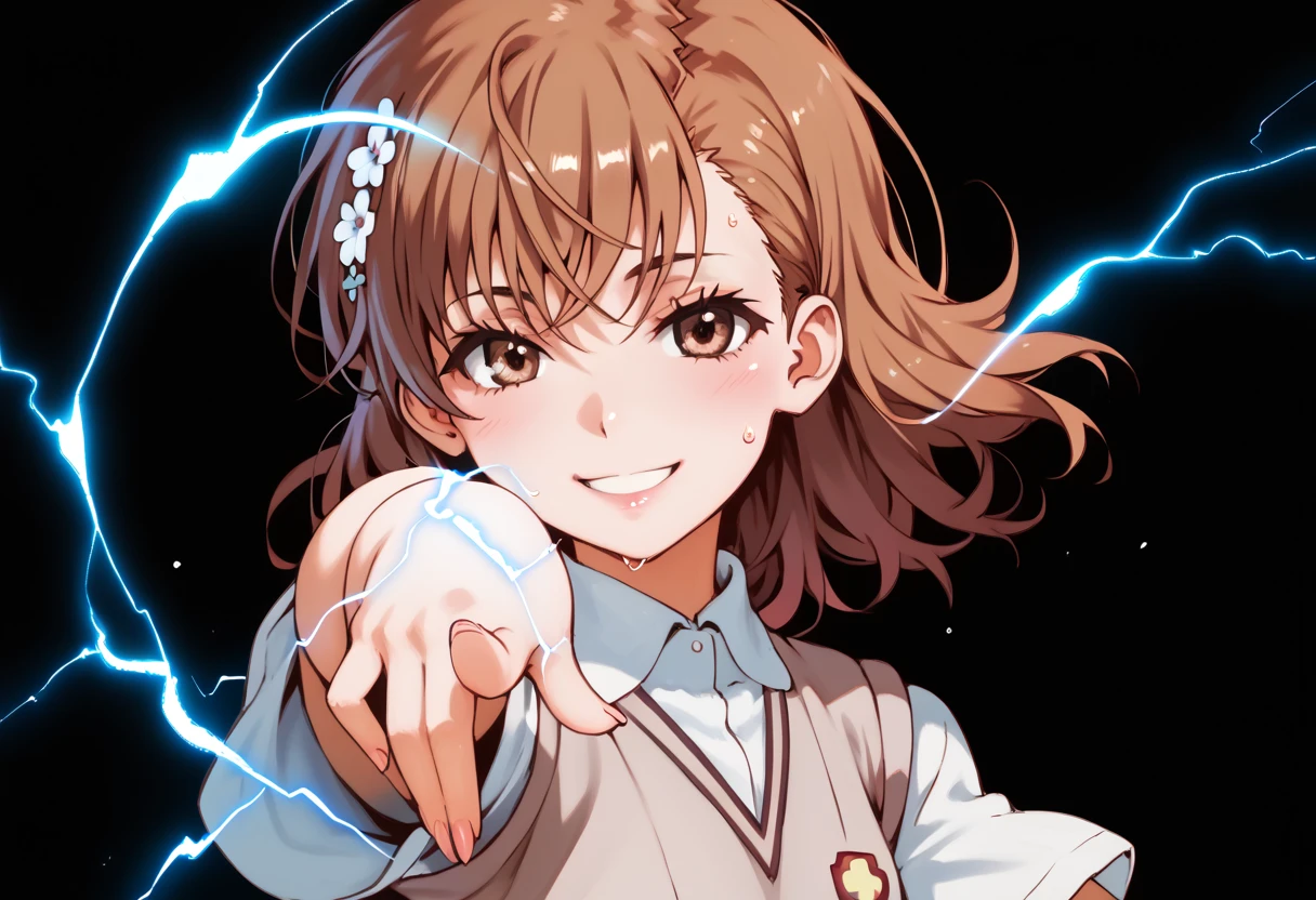 misaka mikoto,1girl,solo,tokiwadai school uniform,sweater vest,school uniform,hair ornament,short hair,hair flower, upper body,shirt,flower,score_9, score_8_up, score_7_up, ,perfect hands, perfect finger,perfect anatomy, masterpiece, best quality,realistic, hyperrealistic, 16k hdr,1 mature female,black background,sweat,pointing electricity, facing viewer, looking at the viewer, electricity, electrokinesis,(happy smile),(strong wind:1.3),(tilt head:1.2)