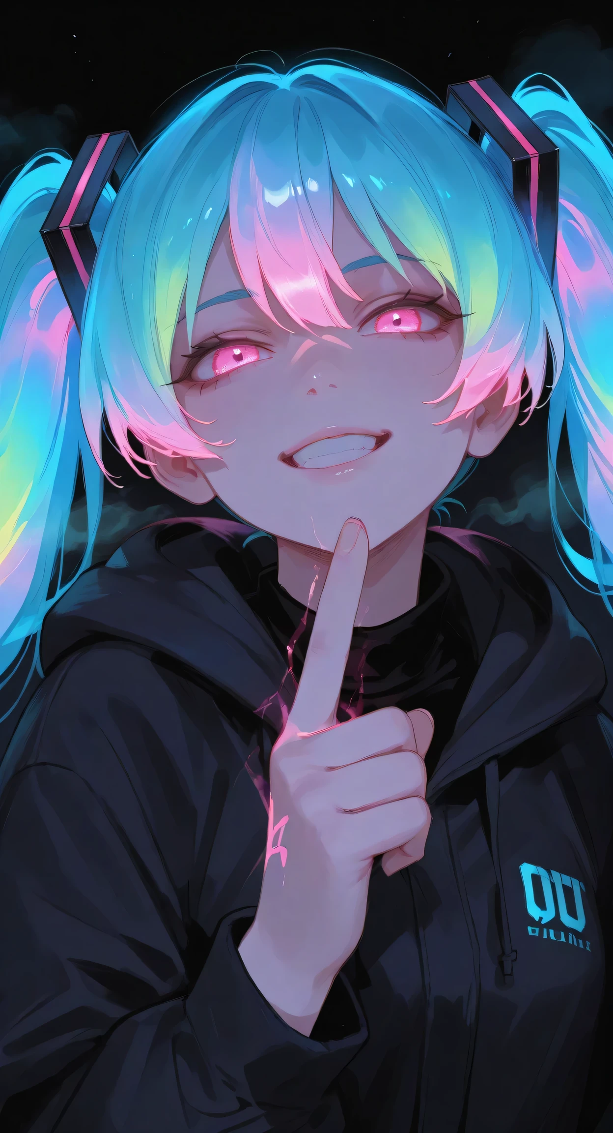 masterpiece,best quality,amazing quality,very aesthetic,absurdres,newest,impactful picture,offcial art,movie perspective, (aos:0.5),(fajyobore:0.5),(chiaroscuro:0.5), Hatsune Miku,limited palette,black background,colorful,vibrant,glowing outline,neon,blacklight,looking at viewer,fog,from_side,from_above,face focus,evil_grin,pointing,glowing_hair,brilliant brilliance,
