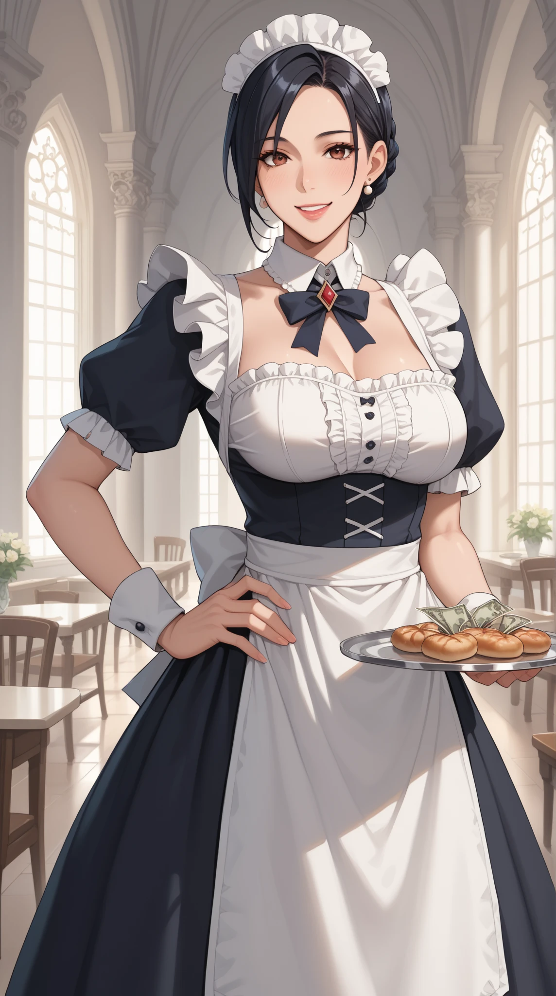 score_9, score_8_up, score_7_up, score_9, BREAK, 1girl,big breasts, masterpiece, best quality, 1girl, solo, guilty, maid, maid headdress, holding tray, tray, standing, hallway, looking at viewer, slight smile, collar, large breasts