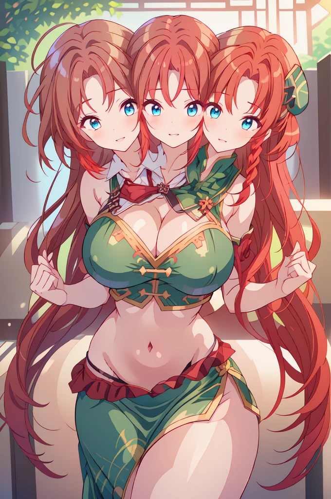 (masterpiece, best quality),best quality, (ultra-detailed), (3heads:1.5), 1girl, (ultra-detailed), (3heads:1.5), 1girl, (hong meiling:1.3), masterpiece, (best quality:1.5, highres, UHD), highres, absurdo, ultra detail, ultra quality, Ultra resolution, green top, crop top, ((stomach)), midriff, ((groin)), green skirt, miniskirt, normal ears, shackles, ((red hair:1.5)), ((redhead:1.5)), very long hair, flowing red hair, sidelocks, blue eyes, parted lips, midriff, smiling, soft smile, gentle smile, cute smile, cute, toned belly, hand on own chest, eyelashes, (2 woman:1.3), (masterpiece:1.5), (best quality:1.5), (beautiful detailed), extremely detailed CG, extremely delicate and beautiful, depth of field, (finely detailed face), (perfect details:1.2), (mature female:1.3), wide pelvis, slender, large veiny breast, 16k resolution, high quality, high definition, extremely detailed, masterpiece, (red hair), long hair, (same hair color), alluring presence, twin braid, short skirt, close up, very big breasts, huge breasts, young, striped, (wearing a green beret:1.5), hair ornament, (revealing chinese clothes:1.5)), star hat ornament, open belly, nsfw, girl with three heads, three headed girl,
