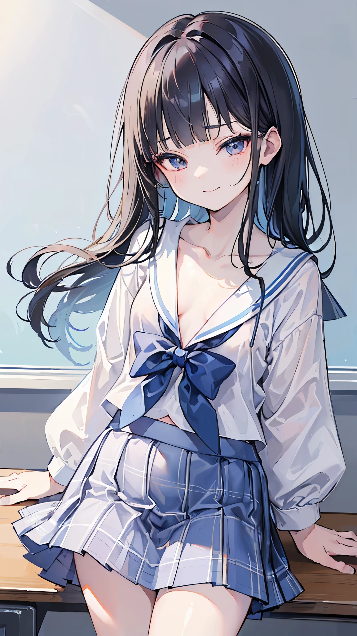 one beautiful girl, 15 years old, Still an innocent face、droopy eyes、big breasts、small ass、(The skin in the white lace panties is as white as snow、Long black hair down to the waist、have a lot of hair、bangs、(school uniform)、(white short sleeve sailor:1.5)、(Lower body is only white panties:1.5)、inner thigh、front、very shy, shy smile, shy smile、(not wearing a hat or cap:1.5), NSFW