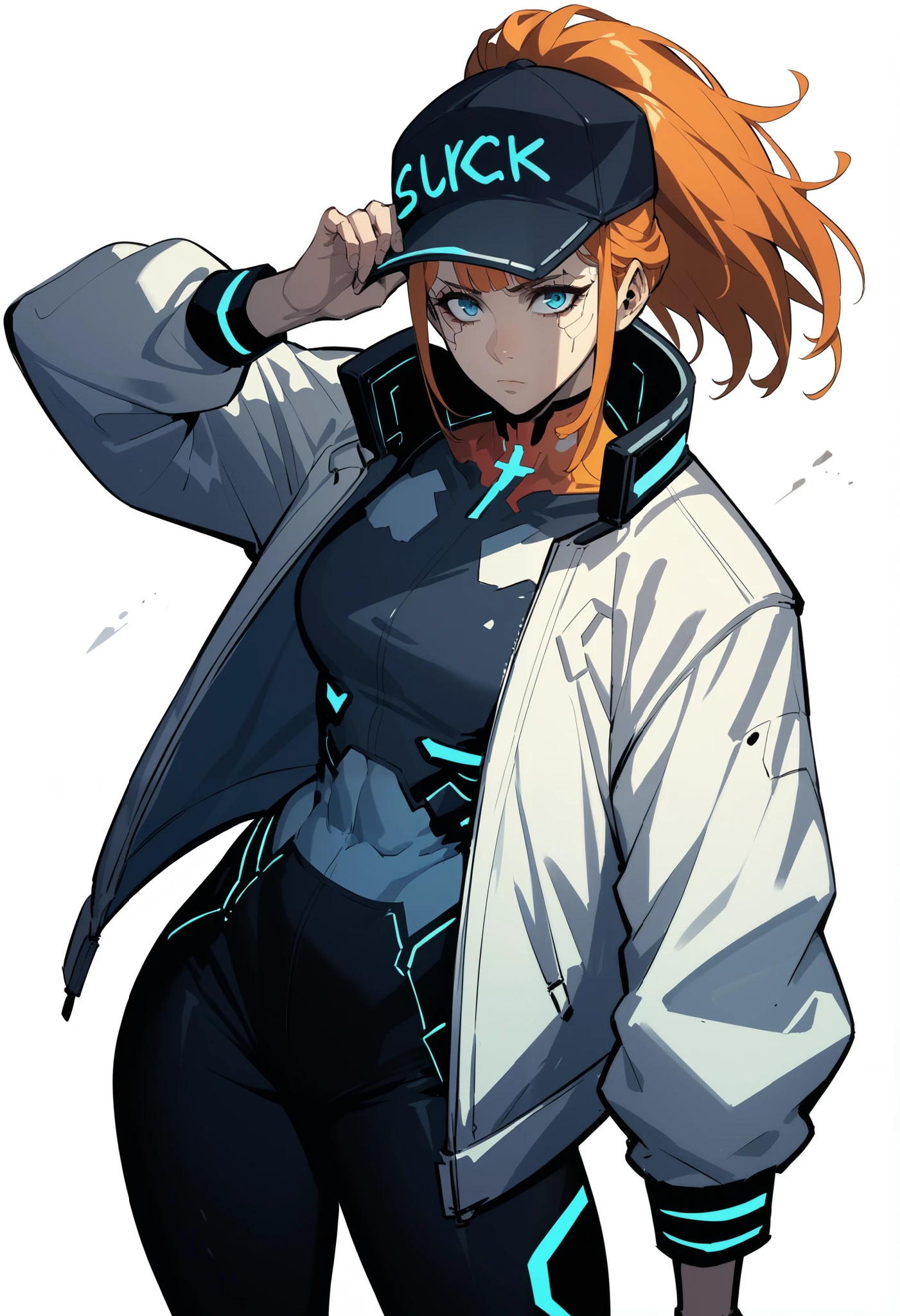 Midly Muscular woman in cyberpunk fantasy clothes, Long orange hair under a cap, blue eyes, tight white jacket, black pant, intricate pencil sketch, expressive eyes and nose and mouth, un-zoom, highly detailed, dynamic pose, white background