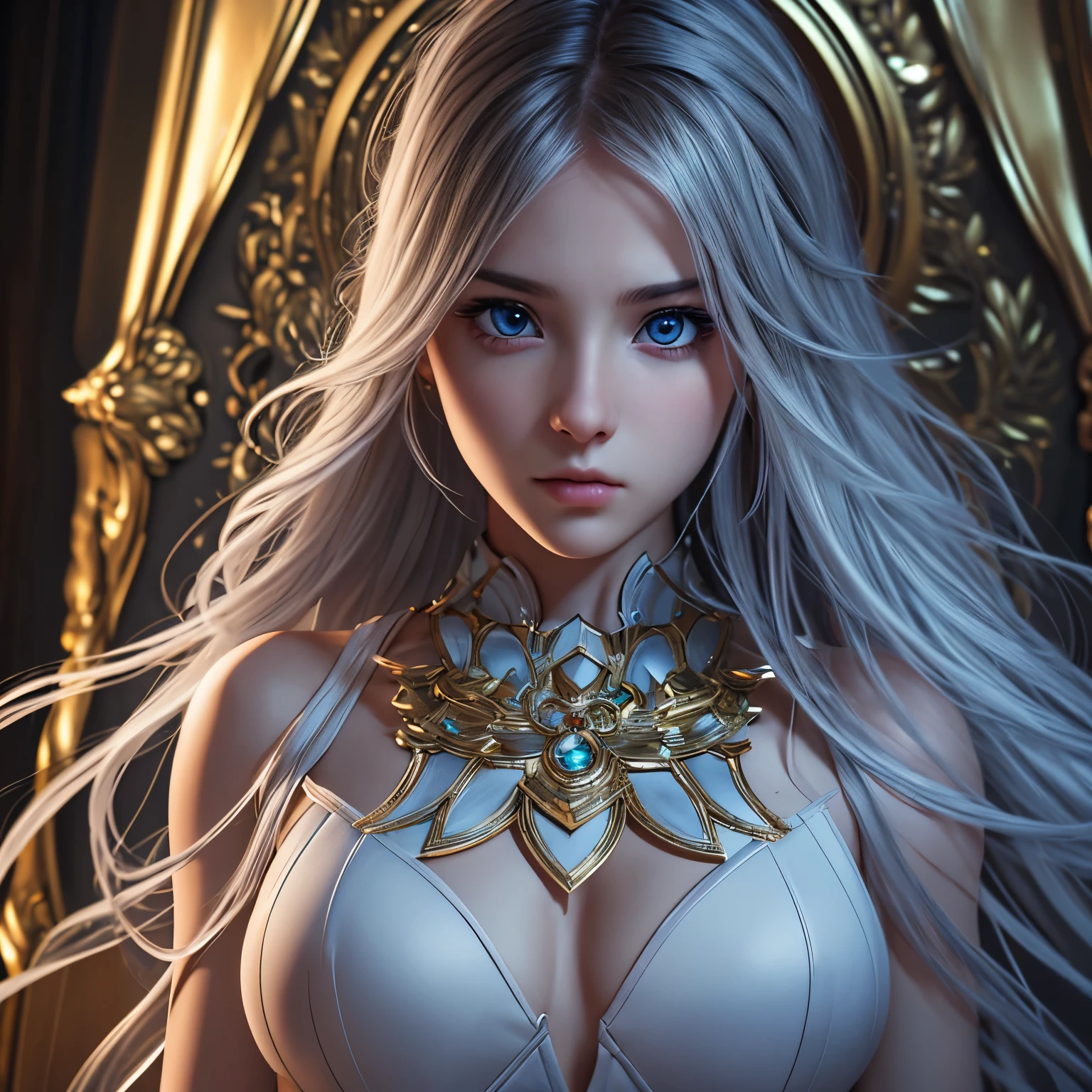 the highest quality, detailed image, colourful、, Vivid colors, (solo、、, Detailed Face, flawless lighting, perfect shadows, perfect eyes, girl focus, perfect hair, perfect faces, gorgeous body),  shiny body,Shiny big、Chest with presence、cleavage between breasts、Light wavy white blonde hair、Medieval knight、（Westerners）Silver armor with gorgeous decorations、underboob、helmet、sword、、Great sword、Inside an old castle with midnight cobblestones、Glossy skin、cloak、Dynamic Pose、Dynamic Actions、Too beautiful goddess of battle、necklace、Earring、Depth of subject、
