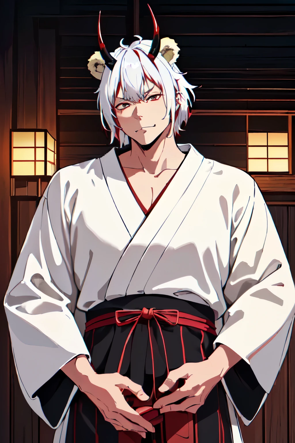 A middle-aged oni man with bear ears, forehead long horns, wearing a red yukata and geta sandals, white hair, pale skin and bear ears, anime style, RPG style, D&D style, (best quality,4k,8k,highres,masterpiece:1.2), UHD,studio lighting, extreme detail description, vivid colors