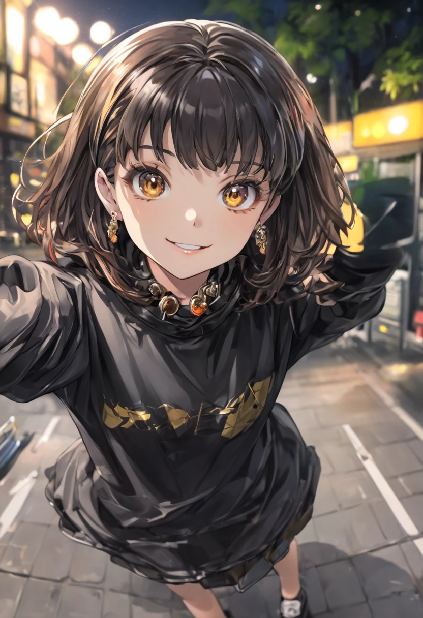 (masterpiece), (best quality), ultra high res, sharp focus, ((1 woman, solo)), modern theme aesthetic, in the city, (at the night time:1.2), upper body, magazine cover, beautiful detailed hair, chestnut brown hair, long hair tumbles down, ((beautiful shape eyes, green eyes)), beautiful detailed face, perfect feminine face, comfortable face, look at the viewer, smiles, black latex outfit, riding on big motorcycle