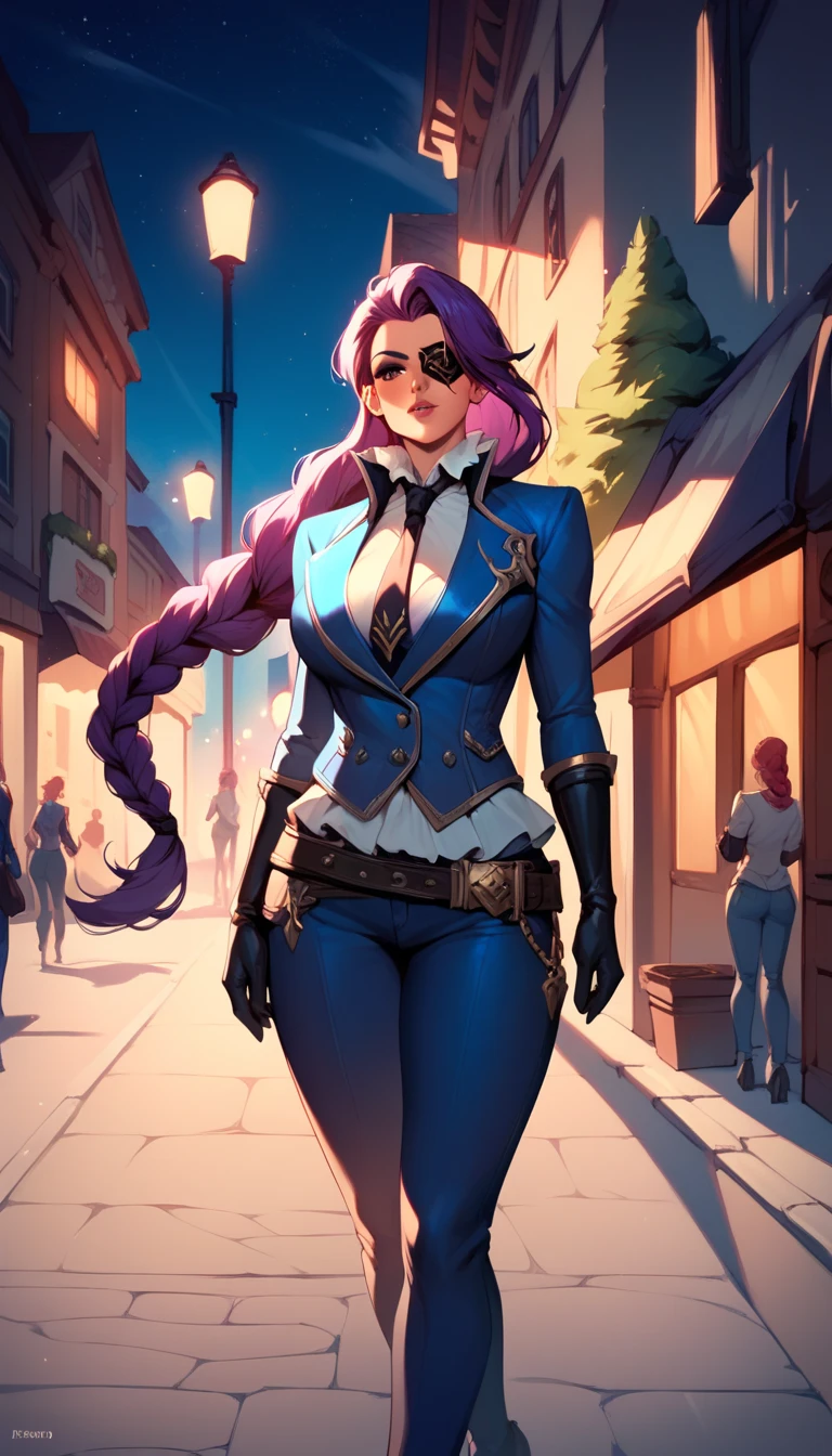 Lesley,huge breast,long purple hair,braid,eyepatch,white shirt,blue jacket,long black jeans,outdoor,night,street,tie,long black gloves