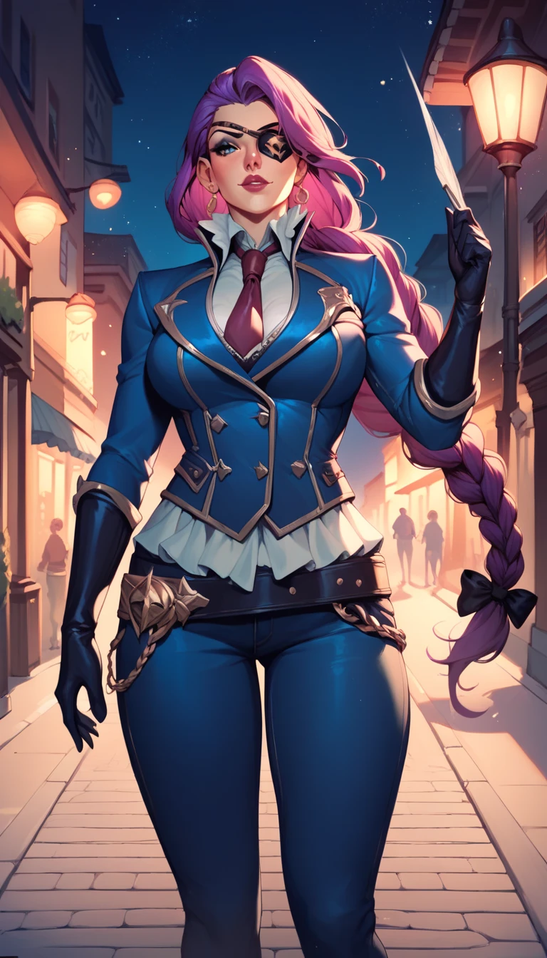 Lesley,huge breast,long purple hair,braid,eyepatch,white shirt,blue jacket,long black jeans,outdoor,night,street,tie,long black gloves