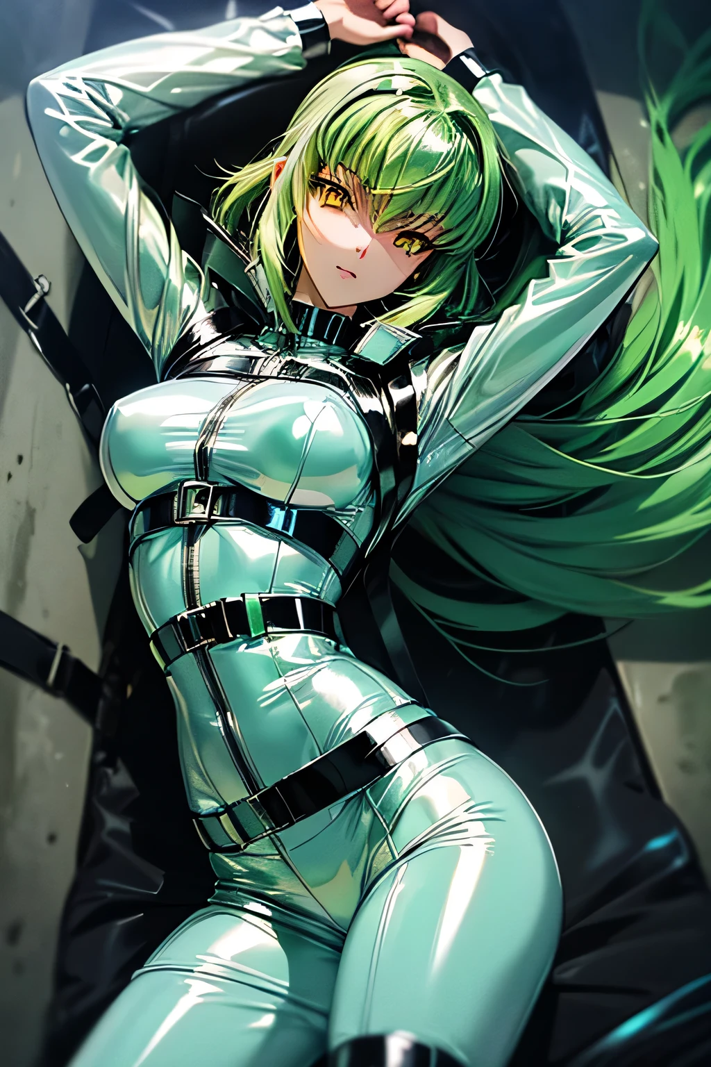 1 girl, alone, d.c., expressionless, frowning, (masterpiece, best quality, ultra detailed, best shadow, volumetric lighting), (beautiful detailed face, beautiful detailed eyes), (best lighting), orange eyes, long hair, green hair, (black bodysuit, zero suit: 1.1), neckline, black and red cape, zero \(code geass\), zero mask, (cowboy photo: 1.3), medium breasts, medium waist, wide hips, wide thighs , round butt, facing the viewer, head on, I focused on the breasts, point of view (from above), mksks style, beautiful background, professional lighting, landscape with warm colors, perfect anatomy, perfect hands