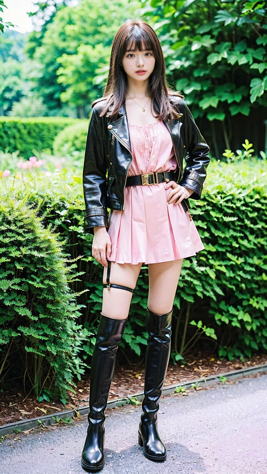 (8K、RAW Photos、Highest quality、masterpiece:1.2)、(Highest quality、Realistic)、1 Girl、((Tube top、Medium Hair、smile、Pink and black、Micro Tight Skirt、Thin legs、whole body、boots、garden、View from the front、Looking into the camera、Stand with hands on hips))、cute