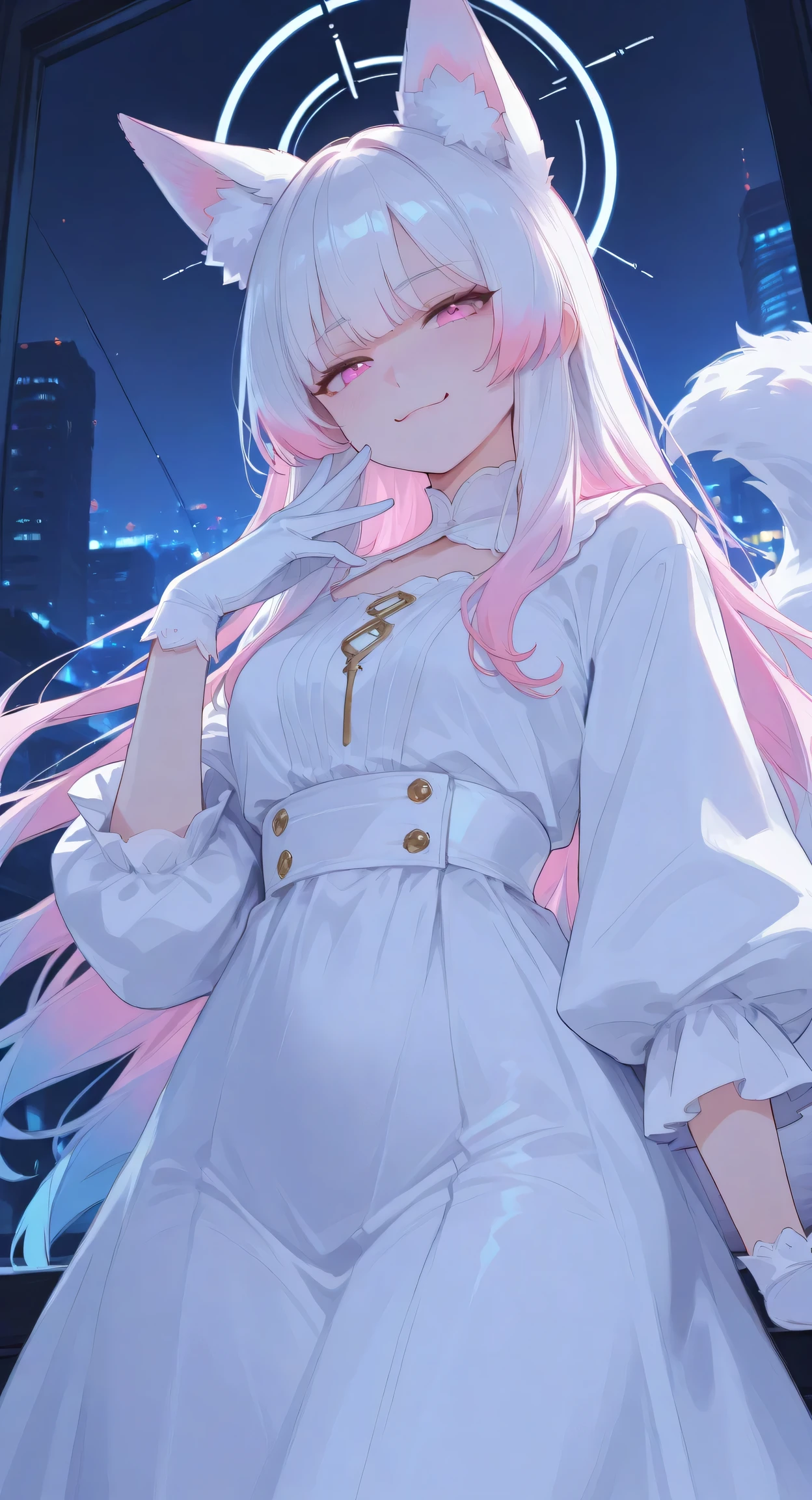 masterpiece, best quality, amazing quality, very aesthetic, absurdres,  newest, volumetric lighting, detailed, detailed background, night city, 1girl, white long dress, gloves, holographic colors, gradient colors, multicolored hair, shiny, long animal ears, fluffy tail, portrait, dutch angle, close up, smug, masterpiece, best quality, amazing quality, very aesthetic, absurdres,  newest, volumetric lighting,