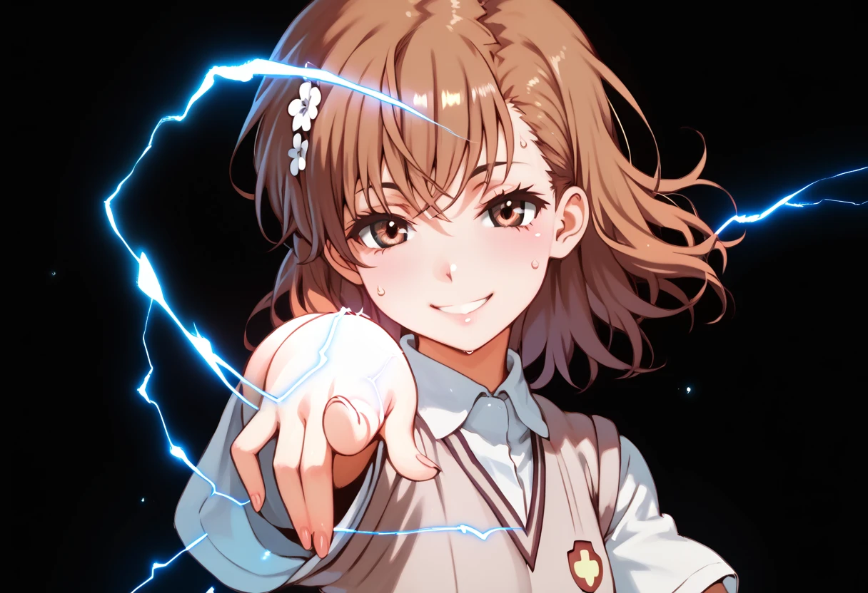 misaka mikoto,1girl,solo,tokiwadai school uniform,sweater vest,school uniform,hair ornament,short hair,hair flower, upper body,shirt,flower,score_9, score_8_up, score_7_up, ,perfect hands, perfect finger,perfect anatomy, masterpiece, best quality,realistic, hyperrealistic, 16k hdr,1 mature female,black background,sweat,(pointing electricity:1.2), facing viewer, looking at the viewer, electricity, electrokinesis,(happy smile:1.2),(strong wind:1.3),(tilt head:1.2),aura