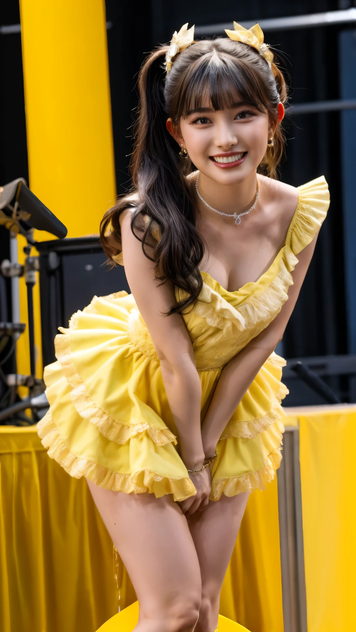 (realistic, photo-realistic:1.2), (masterpiece, best quality), high resolution photograph, extremely detailed, intricate details, sharp details, sharp focus, professional lighting, solo, 1girl, a 19 year old Japanese female idol, full body, slim body, tiny breasts, (frilly yellow dress, princess dress, seductive dress, open chest, puff sleeves, yellow ribbon, choker, jewelry), ankle strap heel-sandals, pale skin, fine-textured skin, shiny skin, (dark hair, shiny hair, pigtails hair, straight hair, blunt bangs, hair scrunchie:1.2), (beautiful detailed face, extremely detailed eyes, beautiful detailed nose, beautiful pupils), (cheerful grin), (standing leaning forward with spread legs apart, arms behind back), (peeing self, urination:1.2), pee puddle, photo background, indoors, the concert venue, spotlight, detailed stage,