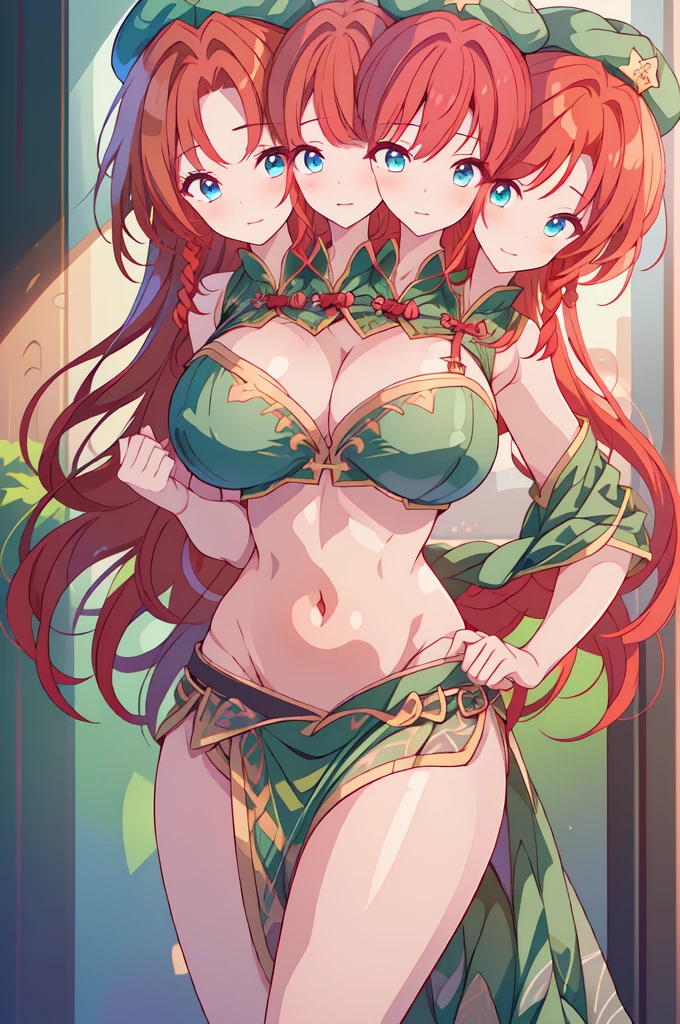 (masterpiece, best quality),best quality, (ultra-detailed), (3heads:1.5), 1girl, (ultra-detailed), (3heads:1.5), 1girl, (hong meiling:1.3), masterpiece, (best quality:1.5, highres, UHD), highres, absurdo, ultra detail, ultra quality, Ultra resolution, green top, crop top, ((stomach)), midriff, ((groin)), green skirt, miniskirt, normal ears, shackles, ((red hair:1.5)), ((redhead:1.5)), very long hair, flowing red hair, sidelocks, blue eyes, parted lips, midriff, smiling, soft smile, gentle smile, cute smile, cute, toned belly, hand on own chest, eyelashes, (2 woman:1.3), (masterpiece:1.5), (best quality:1.5), (beautiful detailed), extremely detailed CG, extremely delicate and beautiful, depth of field, (finely detailed face), (perfect details:1.2), (mature female:1.3), wide pelvis, slender, large veiny breast, 16k resolution, high quality, high definition, extremely detailed, masterpiece, (red hair), long hair, (same hair color), alluring presence, twin braid, short skirt, close up, very big breasts, huge breasts, young, striped, (wearing a green beret:1.5), wearing a beret, hair ornament, (revealing chinese clothes:1.5)), star hat ornament, open belly, nsfw, girl with three heads, three headed girl,
