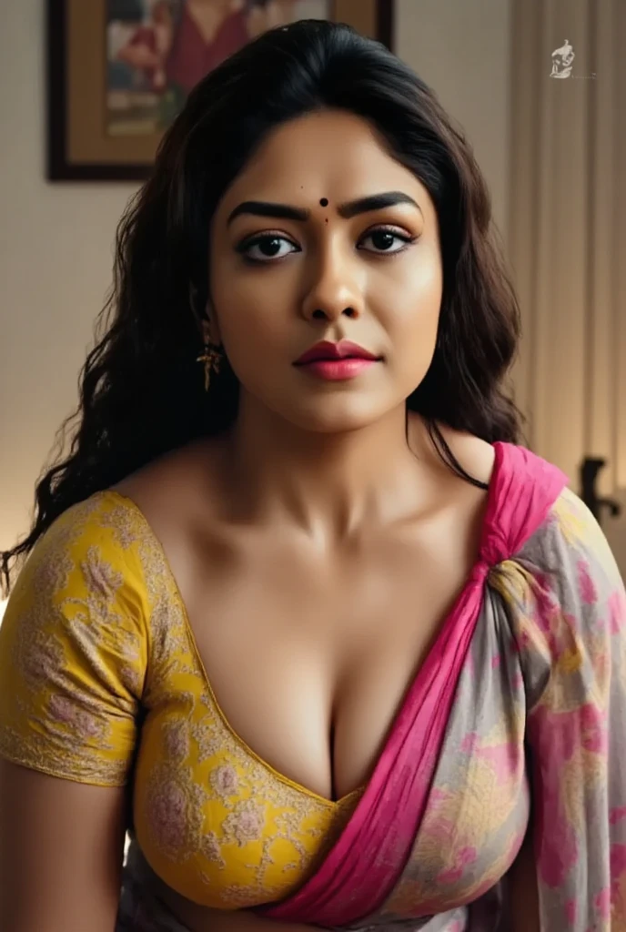 A woman with long dark hair wearing a colorful saree, leaning forward with her hands on her large breasts, downblouse creating a deep cleavage, extremely detailed face, beautiful detailed eyes, beautiful detailed lips, extremely detailed skin texture, intricate saree patterns, masterfully volumetric and tactile rendering, cinematic dramatic lighting, rich color palette, hyper-realistic, 8k, photorealistic, award-winning digital art