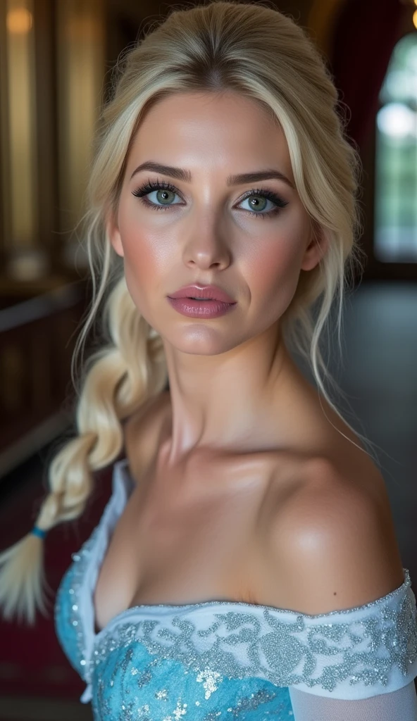 A stunning high angle portrait of piper perri as Elsa puckering her lips, she is sexy , queen of arendelle, young and beautiful, hyper realistic, real portrait, backlit, exquisite features, cleavage, sexy, seductive, interior or an ornate castle ballroom with high ceilings, show skin, blue eyes, she is naked, exposed breasts, puckering her lips in a soft kiss, pink lip gloss