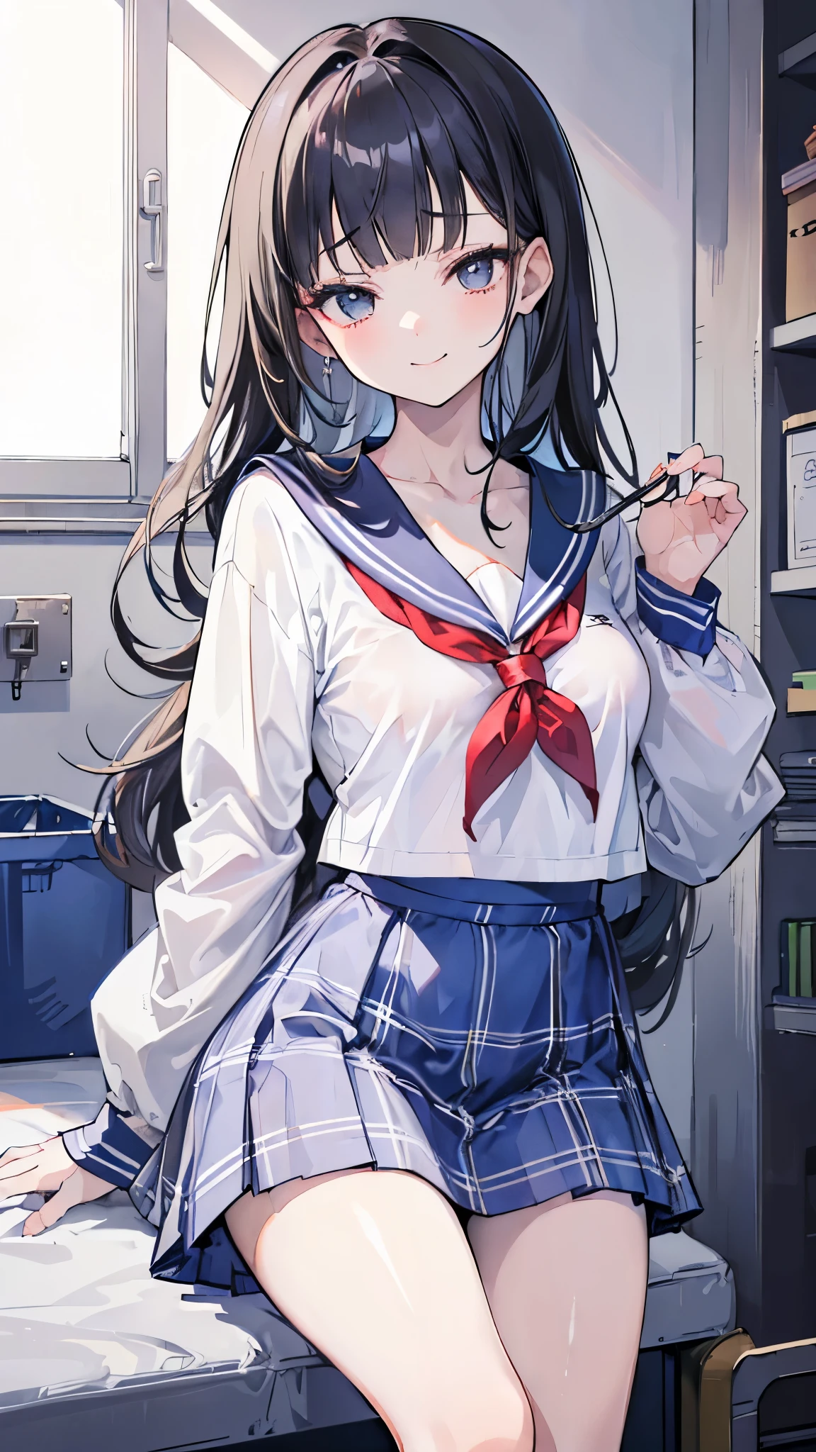 (extremely details CG、Unity、8K Wallpapers)、(extremely delicate and beautiful)、(​masterpiece)、(top-quality:1.0)、(超A high resolution:1.0)、beautiful  lighting、perfect lightning bolt、realistic shadow、[hight resolution]、Detailed skin、ultra-detailliert、detailed faces and eyes、Realistic eyes、Sharp pupils、cowboy  shot, Inside the classroom、Schools、Evening glow、beauitful face、blurry backround、16-year-old beautiful girl、shinny skin、Side Up、Beautiful black hair、Blunt bangs、Blue eyes、a sailor suit、Pleated miniskirt、Curve、Sitting on a desk、(Opening legs、You can see light panties.:1.2)、Smile with open mouth、Looks happy