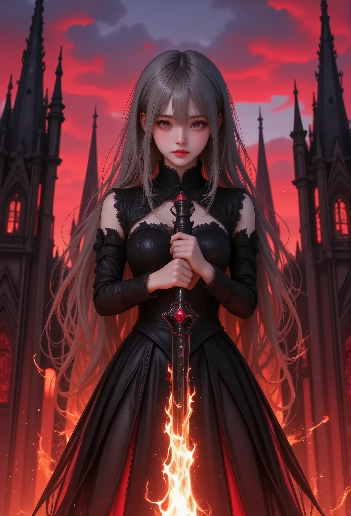 masterpiece, best quality, ultra-detailed, a vivid, high-contrast scene featuring a silver-haired girl in a dramatic black gothic dress, holding a massive sword that glows with intense red and orange flames. She stands in front of a dark gothic cityscape, with towering spires silhouetted against a vibrant red and purple sky. The scene is filled with dynamic lighting, with the fiery glow of the sword casting harsh, dramatic shadows across her face and the ground. The bold colors of the sky and the glowing weapon contrast sharply with the deep blacks of her dress, creating a striking visual effect. Her expression is fierce and determined, as if she’s ready to face a powerful enemy. The overall atmosphere is one of high tension and drama, with the intense colors and sharp contrasts giving the scene a sense of urgency and power.