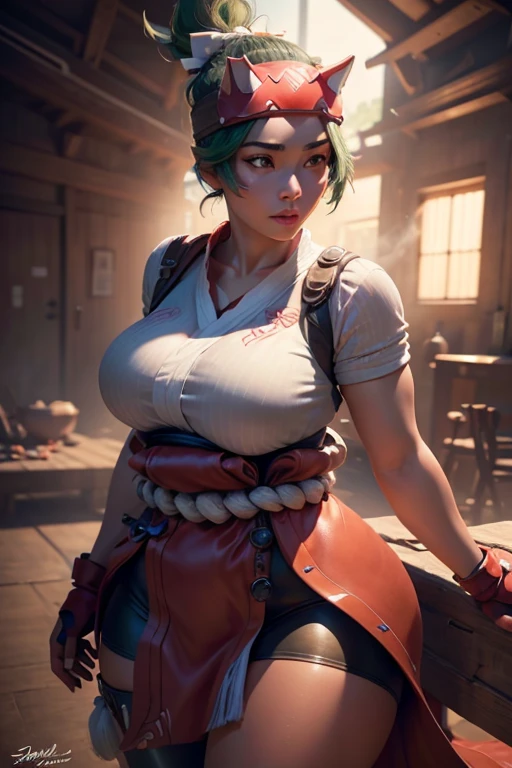 a beautiful, realistic, detailed portrait of Kiriko from Overwatch, wearing only her headband, with a focus on her large breasts and thick thighs, (best quality,4k,8k,highres,masterpiece:1.2),ultra-detailed,(realistic,photorealistic,photo-realistic:1.37),extremely detailed face, striking eyes, full lips, long eyelashes, flawless skin, voluptuous figure, large breasts, thick thighs, headband, dramatic lighting, vibrant colors, cinematic composition