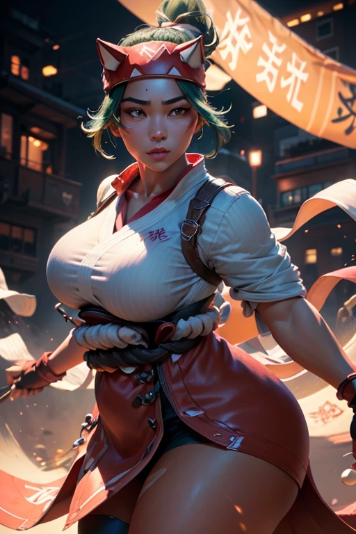 a beautiful, realistic, detailed portrait of Kiriko from Overwatch, wearing only her headband, with a focus on her large breasts and thick thighs, (best quality,4k,8k,highres,masterpiece:1.2),ultra-detailed,(realistic,photorealistic,photo-realistic:1.37),extremely detailed face, striking eyes, full lips, long eyelashes, flawless skin, voluptuous figure, large breasts, thick thighs, headband, dramatic lighting, vibrant colors, cinematic composition