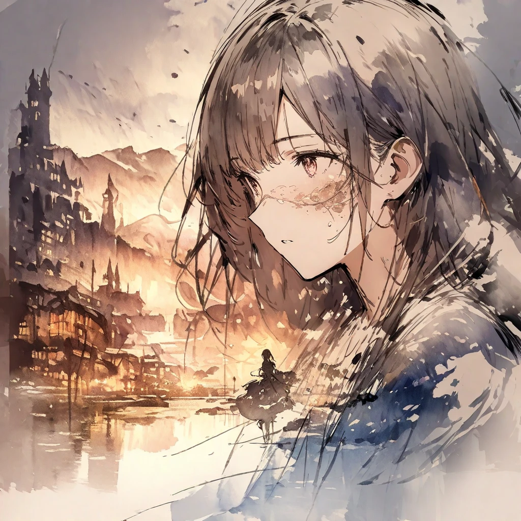 ((sketch:1.5)), ((watercolor:1)), Double Exposure of a Beautiful and Delicate Woman (The face is clear and perfect)image，Background、 perfect super detailed Victorian landscape ,  beautiful,  beautiful笑顔, complicated illustration,  artwork concept artwork, break,(Fear is what afflicts humans the most ),