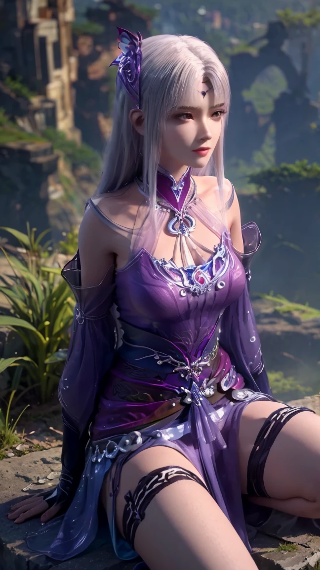 portrait of a beautiful japanese girl with silver-white hair decorated with purple crystals Wearing purple shorts decorated with white crystals, and wearing a purple and white crystal necklace, and on both arms there are bracelets made of silver with purple crystal decorations, the girl is practicing magic in the forest, Beautiful breast, huge breast, purple magic comes out of her hands, early morning atmosphere bright hyperrealistic real, masterpiece,vibrant colors,stunning visuals,ultra skin texsture,stable diffusion,perfect anatomy,crazy details, realistic lighting