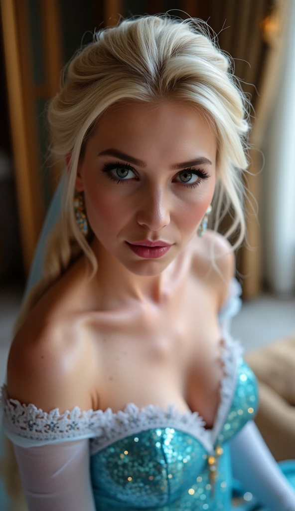 A stunning high angle portrait of piper perri as Elsa puckering her lips, she is sexy , queen of arendelle, young and beautiful, hyper realistic, real portrait, backlit, exquisite features, cleavage, sexy, seductive, interior or an ornate castle ballroom with high ceilings, show skin, blue eyes, she is naked, exposed breasts, puckering her lips in a soft kiss, pink lip gloss