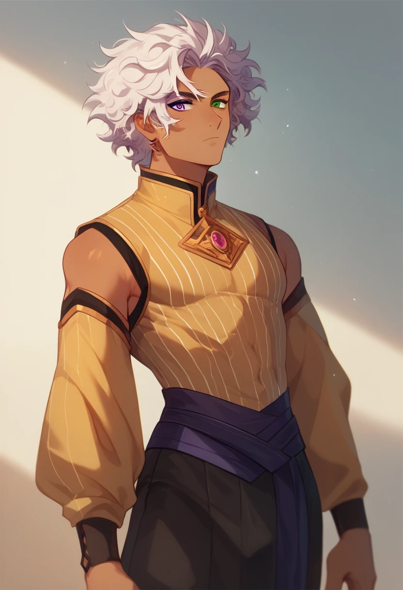 Solo, (taller tanned man with messy curly white hair), heterochromia,  purple eye, green eye, Niddhir the alchemist of Khaenri'ah. Khaenri'ah clothing, cowboy shot, fantasy amge clothes, khaos star motif