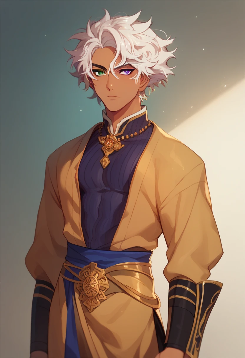 Solo, (taller tanned man with messy curly white hair), heterochromia, purple eye, green eye, Niddhir the alchemist of Khaenri'ah. Khaenri'ah clothing, cowboy shot, fantasy amge clothes, khaos star motif