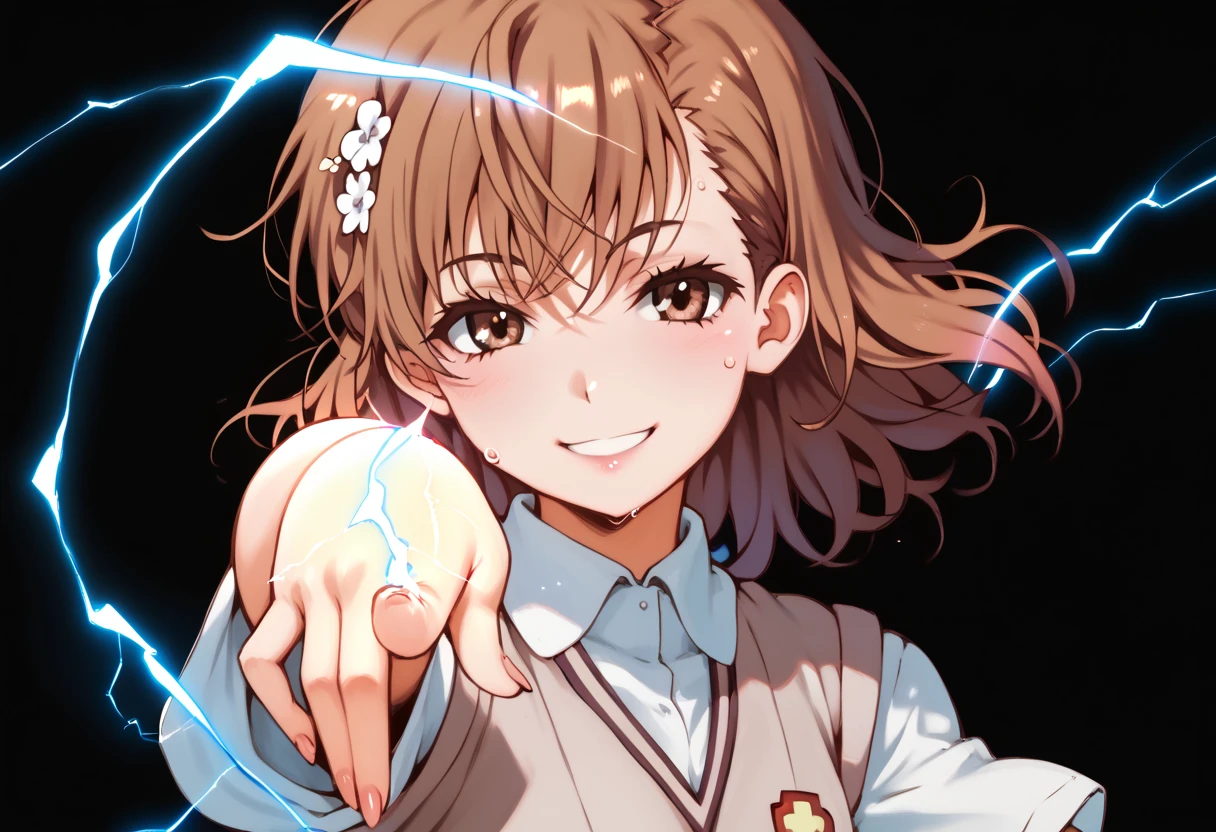 misaka mikoto,1girl,solo,tokiwadai school uniform,sweater vest,school uniform,hair ornament,short hair,hair flower, upper body,shirt,flower,score_9, score_8_up, score_7_up, ,perfect hands, perfect finger,perfect anatomy, masterpiece, best quality,realistic, hyperrealistic, 16k hdr,1 mature female,black background,sweat,(pointing electricity:1.2), facing viewer, looking at the viewer, electricity, electrokinesis,(happy smile:1.5),(strong wind:1.3),(tilt head:1.3),(aura:1.2)