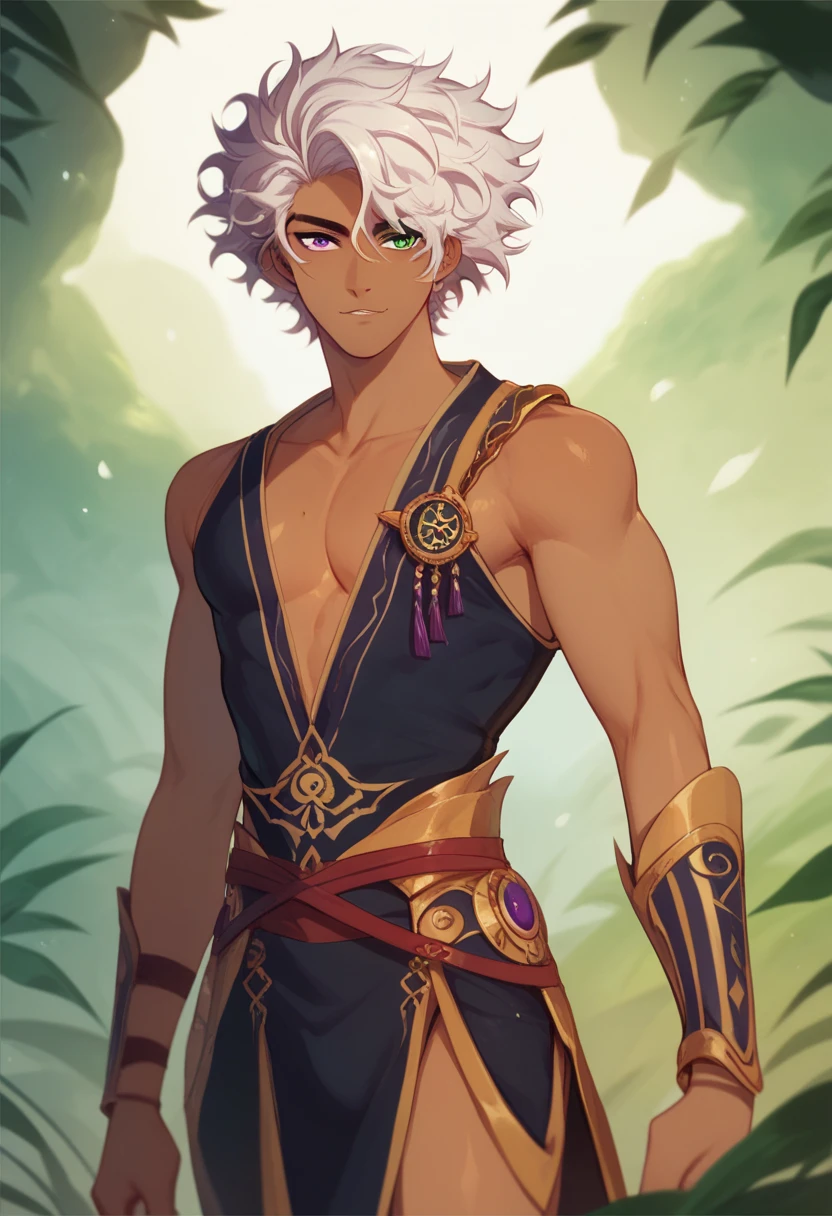 Solo, (taller tanned man with messy curly white hair), heterochromia,  purple eye, green eye, Niddhir the alchemist of Khaenri'ah. Khaenri'ah clothing, cowboy shot, fantasy amge clothes, chaos star motif, baggy pants