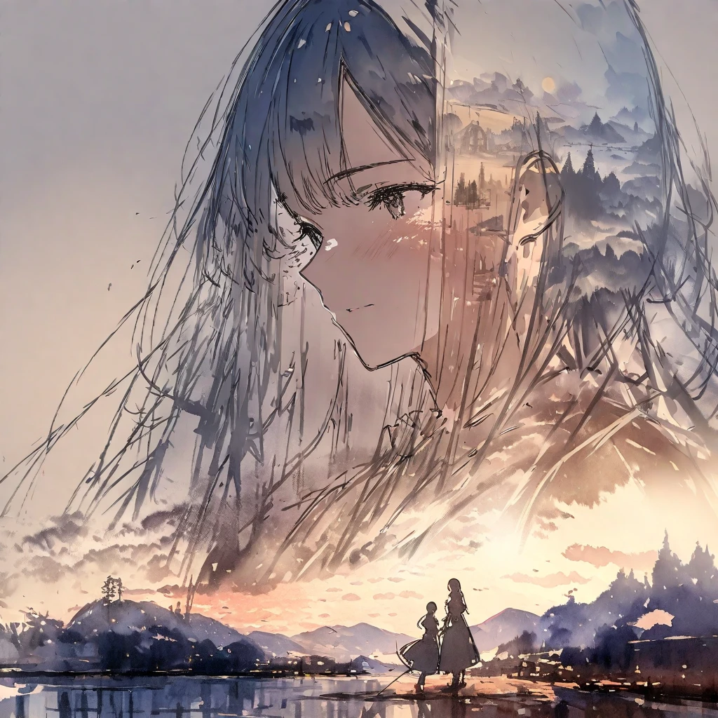 ((sketch:1.5)), ((watercolor:1)), Double Exposure of a Beautiful and Delicate Woman (The face is clear and perfect)image，Background、 perfect super detailed Victorian landscape ,  beautiful,  beautiful笑顔, complicated illustration,  artwork concept artwork, break,(Don't forget respect even if you become close after being in a relationship for a long time),