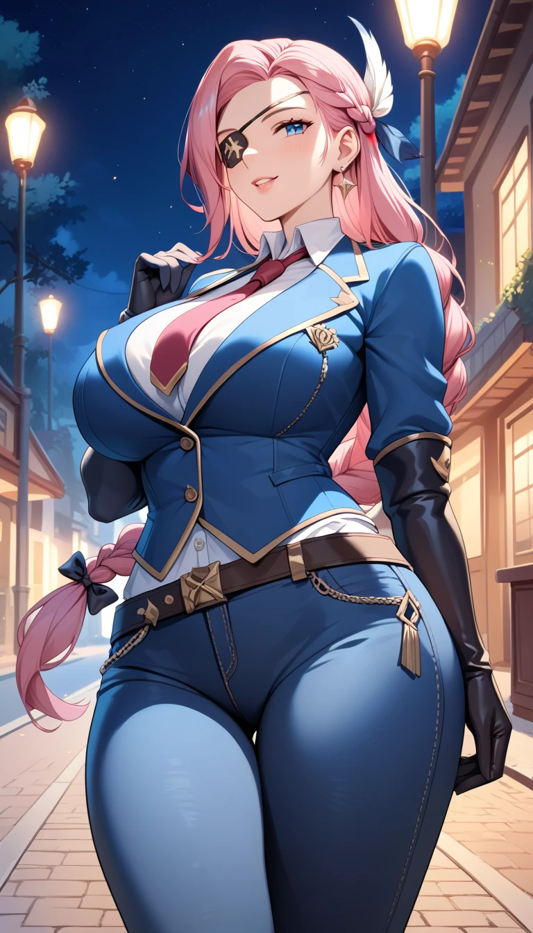 Lesley,huge breast,long pink hair,braid,eyepatch,white shirt,blue jacket,long black jeans,outdoor,night,street,tie,long black gloves