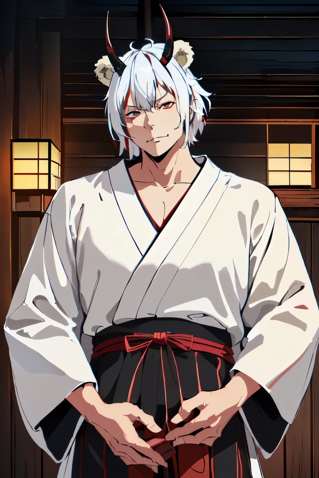 A middle-aged oni man with bear ears, forehead long horns, wearing a red yukata and geta sandals, white hair, pale skin and bear ears, anime style, RPG style, D&D style, (best quality,4k,8k,highres,masterpiece:1.2), UHD,studio lighting, extreme detail description, vivid colors