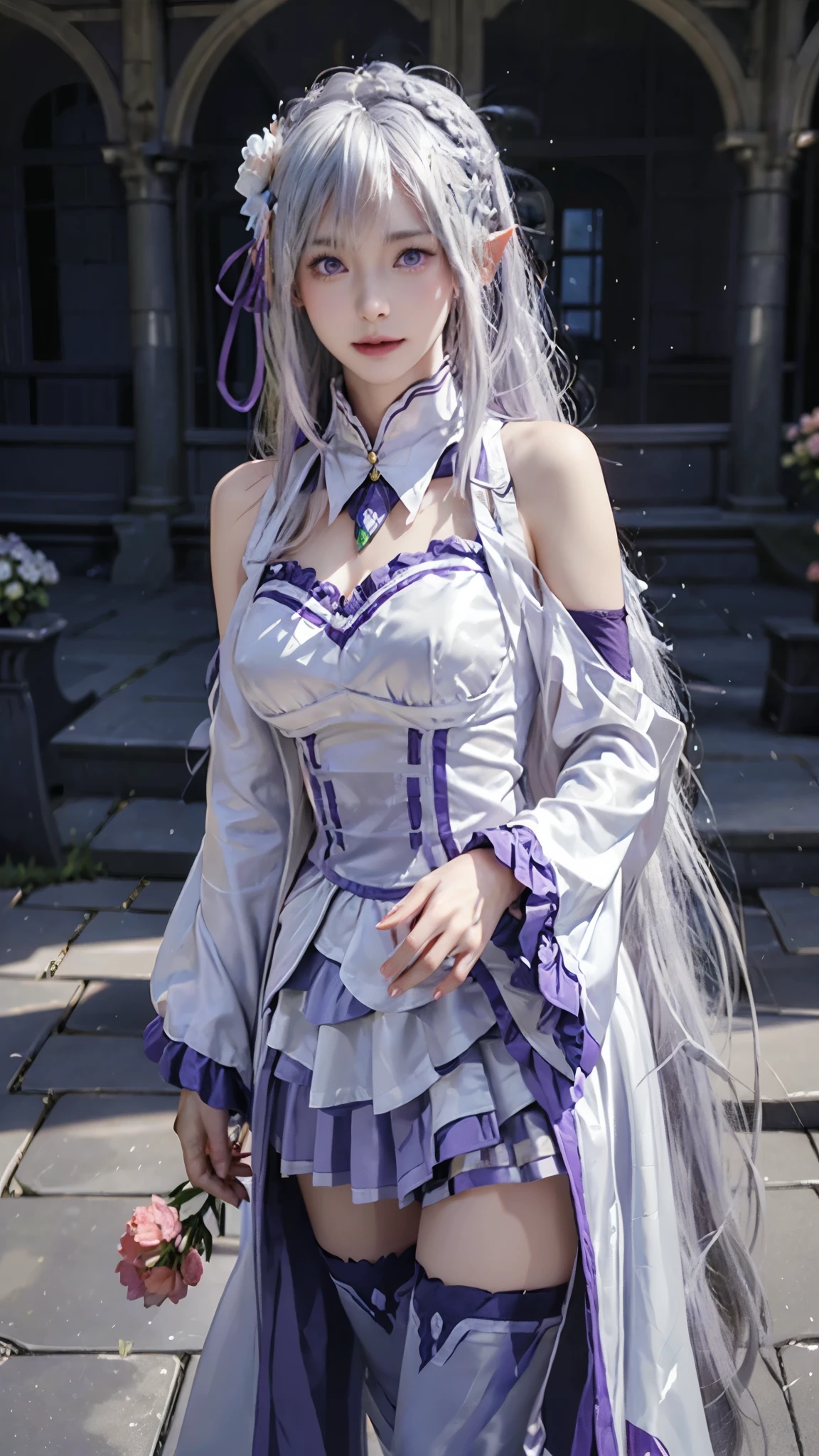 Landscape of a very beautiful woman, (cowboy shot), (((front focus))), (((background Blurry))), Bokeh, photography with Fujifilm XT3, depth of field, film grain, female focus, Emilia/(Re : Zero Kara Hajimaru/), anime style, (((walking at castle courtyard)))!!!, full of garden flower, (((looks at the camera with beautiful light purple eyes))), Ultra detailed eyes, (Beautiful light purple eye's like amethys :1.40)!!, Stars in her fixed eyes, (homochromatic eyes)!!!, ((crown braiding hair))!!!, spiky ears, seductive smile, long sleevemouth, (((thin fresh peach lips)))!!!, (Blush)!! Perfect nose, Cute little nose, Earrings, beatiful face, Face Clean, realistic Skin, hyper realistic, Perfect eyebrow appear through silver hair, silver hair between eyes, silver hair bangs, (ultra shine silver hair)!!, (thick straight hair)!!, hair flower, hair ribbon, flower pattern, purple ribbon ((dynamic composition)), detached sleeves, /(((wear original costume of Emilia/)))!!!, vivid color clothes, detailed realistic clothes, plump breasts, breast cleavage, ((open skirt))!!, slim legs, ((open smooth thight))!!, Best Quality, Masterpiece, Ultra-detailed, Beautiful, hight resolution, Original, CG 8K, perfect photo, dramatic  lighting, Beautiful lighting, (Realistic fantasy art), Realistic, Full HD, Best Quality, award winning, (8k wallpaper of extremely detailed CG unit), High Details, sharp-focus, The art of dramatic and photorealistic painting,  ((In castle courtyard)), full of flower, (flower garden), dynamic composition, breathtaking rendering