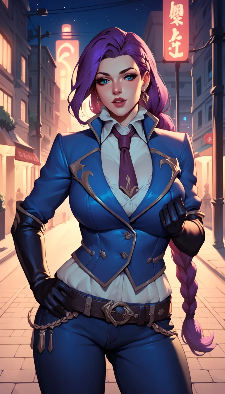 Lesley,huge breast,long purple hair,braid,white shirt,blue jacket,long black jeans,outdoor,night,street,tie,long black gloves