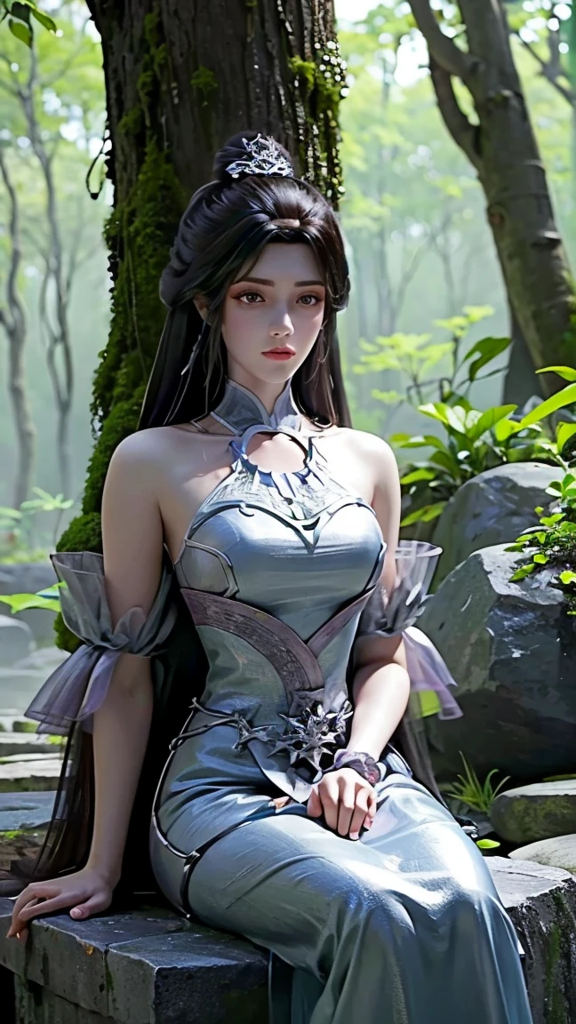 From the forest of the fantasy world，illustration, A woman，sit on stone， watching people ， high detail,  Ultra HD,  Shine Effect , 