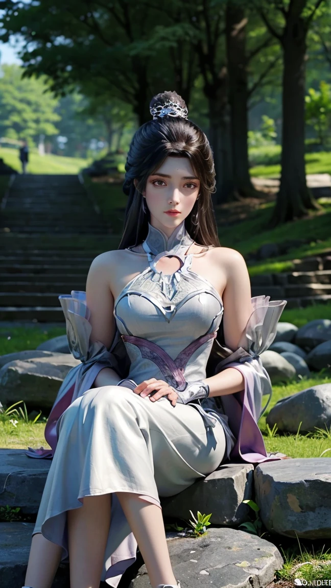 From the forest of the fantasy world，illustration, A woman，sit on stone， watching people ， high detail,  Ultra HD,  Shine Effect , 