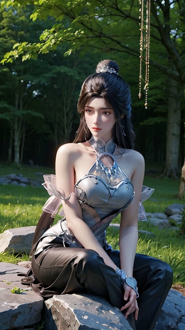 From the forest of the fantasy world，illustration, A woman，sit on stone， watching people ， high detail,  Ultra HD,  Shine Effect , 