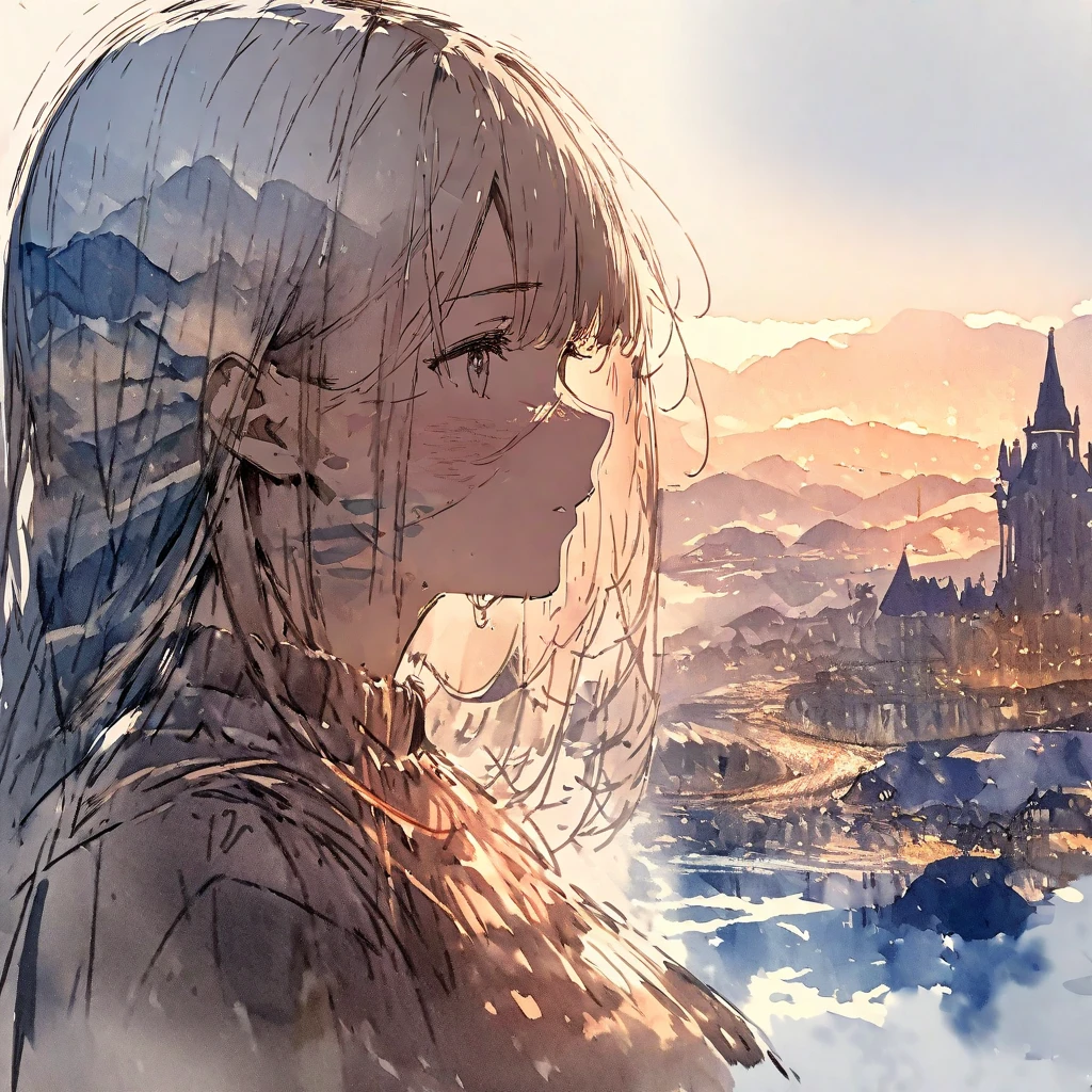 ((sketch:1.5)), ((watercolor:1)), Double Exposure of a Beautiful and Delicate Woman (The face is clear and perfect)image，Background、 perfect super detailed Victorian landscape ,  beautiful,  beautiful笑顔, complicated illustration,  artwork concept artwork, break,(Don't forget respect even if you become close after being in a relationship for a long time),