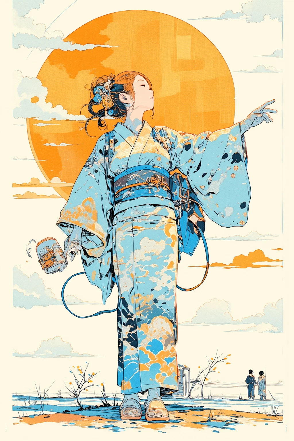 A woman in a yukata dances brilliantly barefoot,Millerball ,I'm plummeting to the ground , poster art, Screen Printing Poster,  graphic novel cover art ,  graphic details ,  promotional artwork , Poster illustration, Illustrated poster, By Jens Sondergaard   ,  fashion illustration drawn on a watercolor white paper background,Promotional Poster, , comic book cover , Inspired by Emil Lindenfeld ,Concentrated line, 