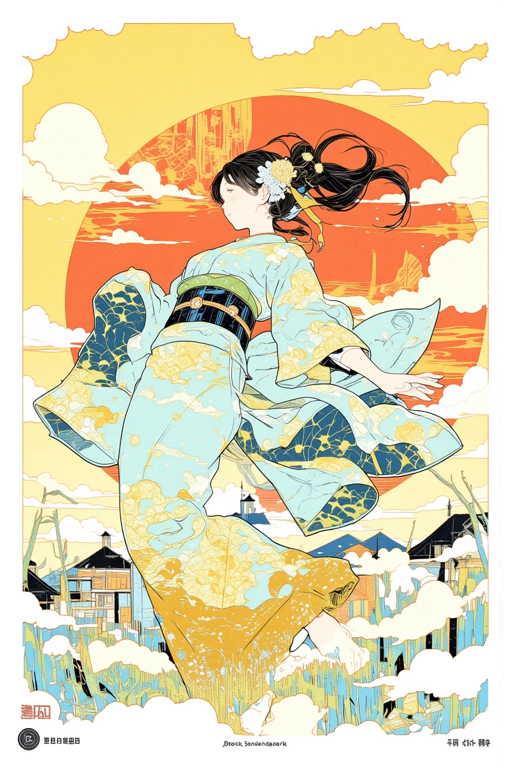 A woman in a yukata dances brilliantly barefoot,Millerball ,I'm plummeting to the ground , poster art, Screen Printing Poster,  graphic novel cover art ,  graphic details ,  promotional artwork , Poster illustration, Illustrated poster, By Jens Sondergaard   ,  fashion illustration drawn on a watercolor white paper background,Promotional Poster, , comic book cover , Inspired by Emil Lindenfeld ,Concentrated line, 