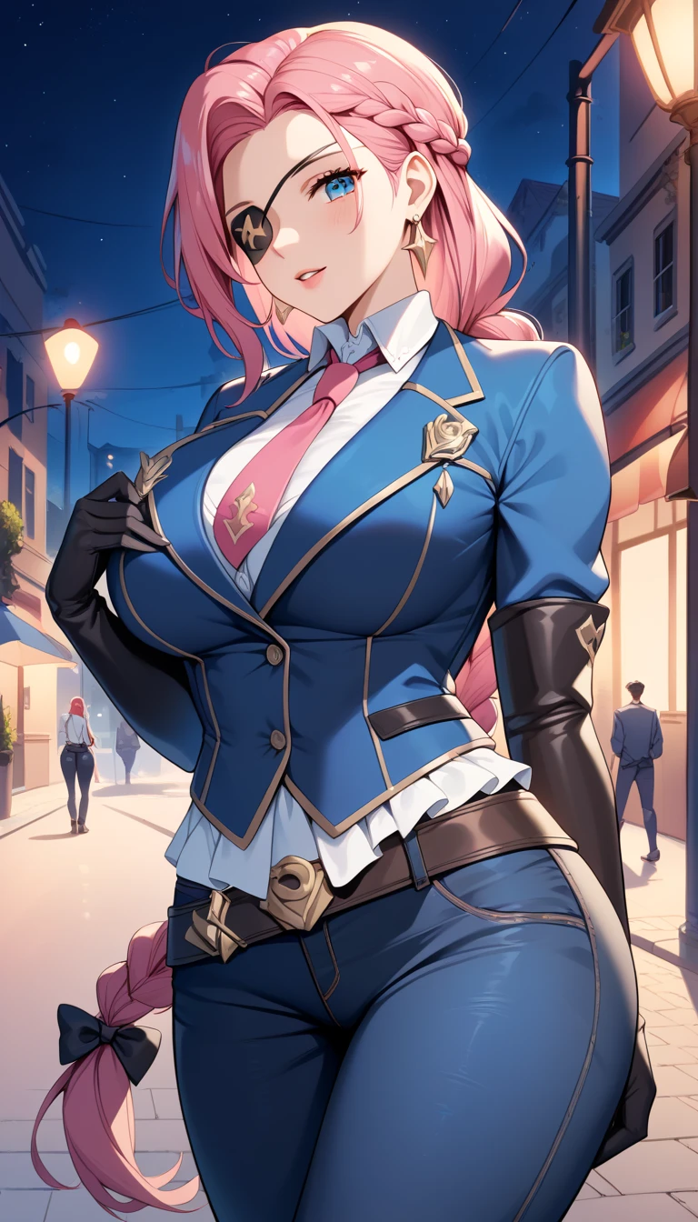 Lesley,huge breast,long dark pink hair,braid,eyepatch,white shirt,blue jacket,long black jeans,outdoor,night,street,tie,long black gloves