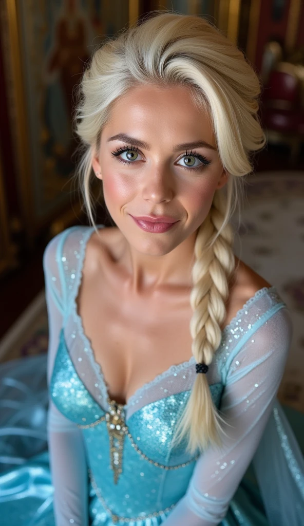 A stunning high angle portrait of piper perri as Elsa puckering her lips, she is sexy , queen of arendelle, young and beautiful, hyper realistic, real portrait, backlit, exquisite features, cleavage, sexy, seductive, interior or an ornate castle ballroom with high ceilings, show skin, blue eyes, she is naked, exposed breasts, puckering her lips in a soft kiss, pink lip gloss