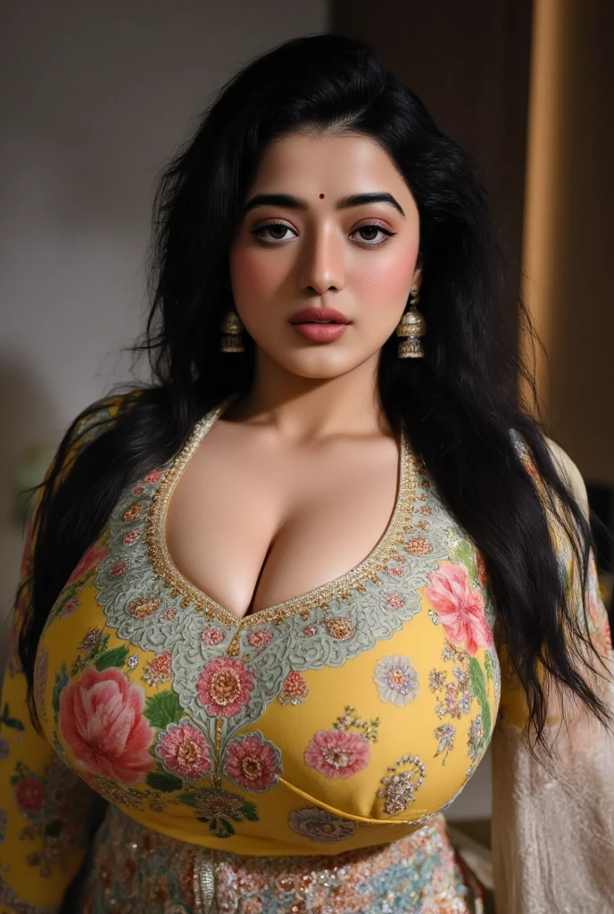 A woman with long dark hair wearing a colorful saree, leaning forward with her hands on her large breasts, downblouse creating a deep cleavage, extremely detailed face, beautiful detailed eyes, beautiful detailed lips, extremely detailed skin texture, intricate saree patterns, masterfully volumetric and tactile rendering, cinematic dramatic lighting, rich color palette, hyper-realistic, 8k, photorealistic, award-winning digital art