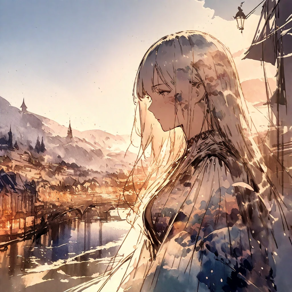 ((sketch:1.5)), ((watercolor:1)), Double Exposure of a Beautiful and Delicate Woman (The face is clear and perfect)image，Background、 perfect super detailed Victorian landscape ,  beautiful,  beautiful笑顔, complicated illustration,  artwork concept artwork, break,(Rumors have mysterious powers ),