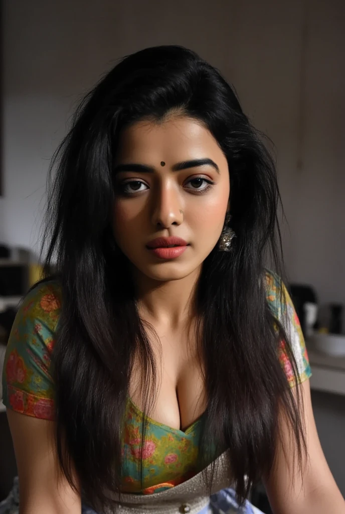 A woman with long dark hair wearing a colorful saree, leaning forward with her hands on her large breasts, downblouse creating a deep cleavage, extremely detailed face, beautiful detailed eyes, beautiful detailed lips, extremely detailed skin texture, intricate saree patterns, masterfully volumetric and tactile rendering, cinematic dramatic lighting, rich color palette, hyper-realistic, 8k, photorealistic, award-winning digital art